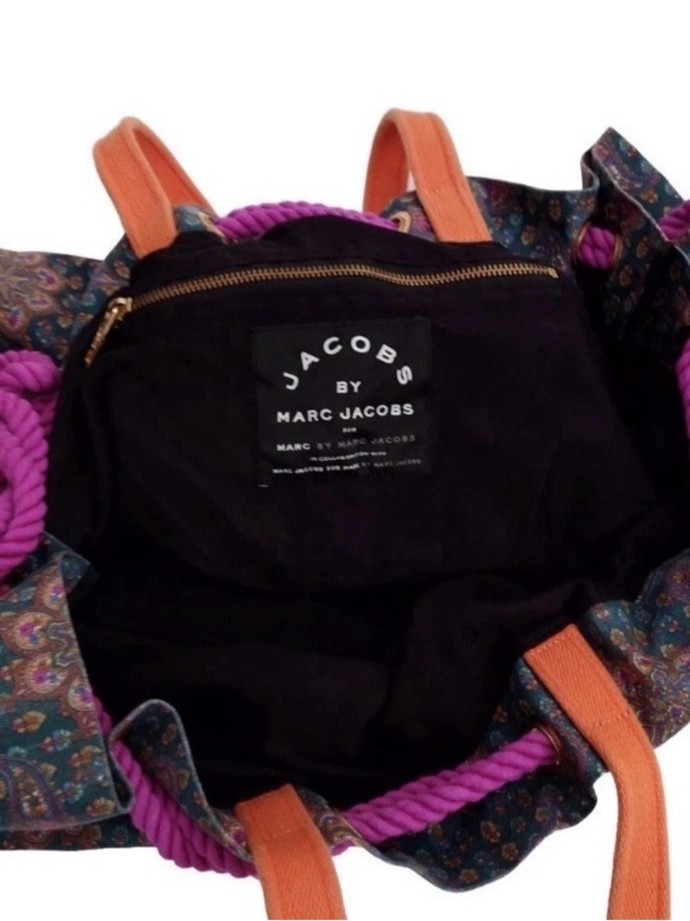 Marc Jacobs XL Boho Paisley Tote Bag with Purple Rope & Orange Handles EUC - Picture 2 of 15